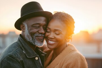 Older Black Couple. Happy Latin Seniors Embracing in Romantic Sunset Moment - Elderly Love Concept