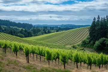 Obraz premium Oregon Vineyards Landscape: Hills of Vinery and Grape Fields with Winery Background