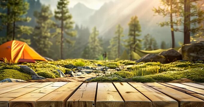 camping wooden tabletop, empty wood table top in green forest, concept of outdoor nature activity dais podium counter product display platform mockup in slow motion with copy space