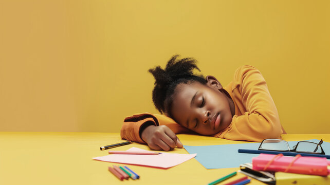 Young African American girl with curly hair sleeping at a desk with colorful school supplies. Peaceful expression and bright background create a serene study atmosphere