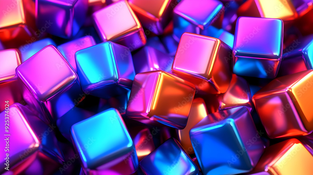Poster a vibrant array of glossy, colorful cubes reflecting light in a dynamic composition.