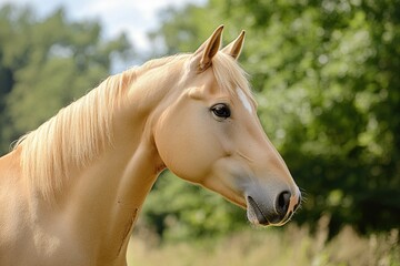 Fototapeta premium Palomino Horse Head. Beautiful Equine in Nature, Brown Farm Animal