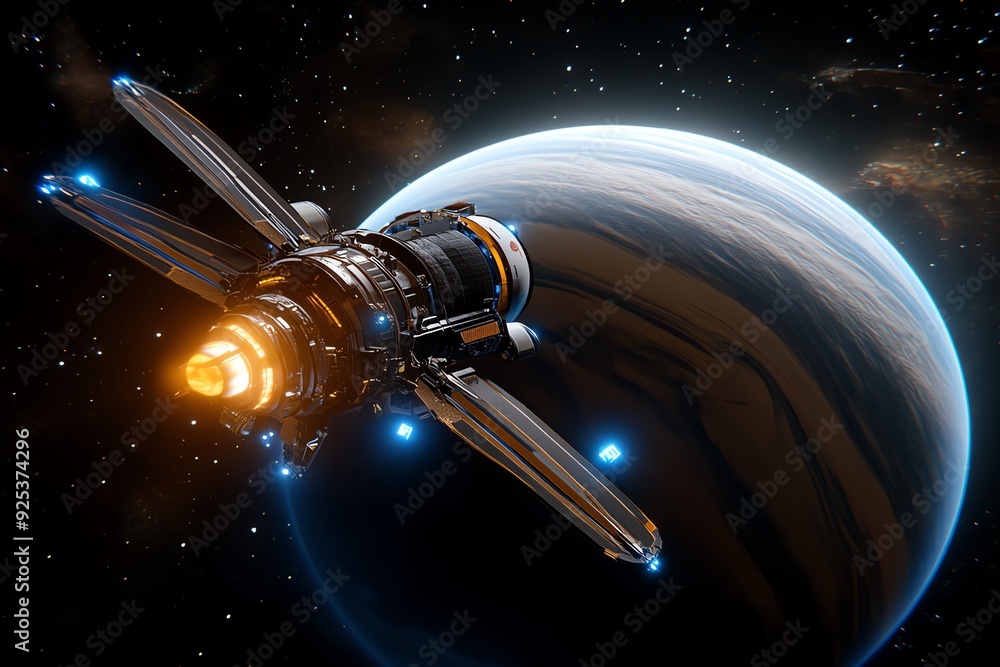 Poster Futuristic spaceship navigating through space with a distant planet in the background, showcasing advanced space technology.