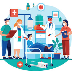 Doctor and nurse giving medical care to patient in bed isolated flat vector illustration. Cartoon medicine specialists giving support for man. Intensive therapy and healthcare concept