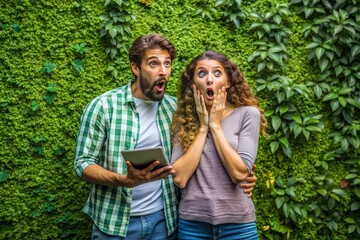 Naklejka premium A man and a woman are standing in front of a green wall