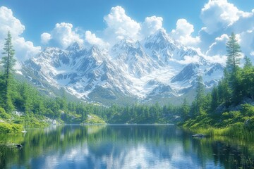 Fototapeta premium serene anime mountain scene majestic snowcapped peaks lush evergreen forest crystalclear lake reflecting sky soft pastel color palette sense of tranquility and wonder