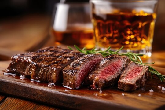 Steak And Whiskey. Grilled Sirloin Beef Steak on Wooden Board with Rum Pairing