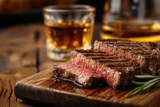 Steak And Whiskey. Dinner with Grilled Beef Sirloin on Wooden Table