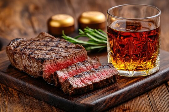 Steak And Whiskey. Sliced Sirloin Beef Steak on Wooden Dining Table with Glass of Whiskey