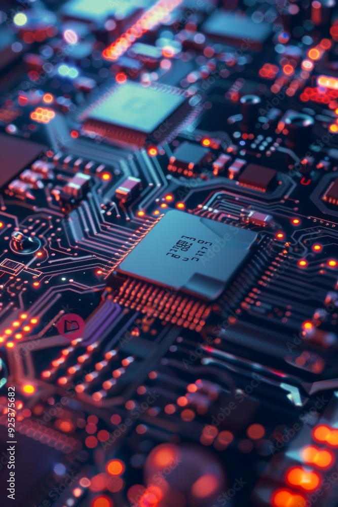 Poster detailed close-up of digital signal processing board with complex circuits and microchips