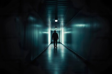 Fototapeta premium Fear: A shadowy figure standing at the end of a long, dimly lit corridor