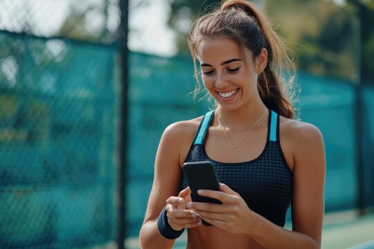 Tennis Phone. Active and Fit Female Tennis Player Social Media Use Outdoors - Powered by Adobe