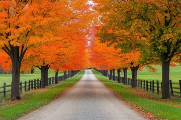 Naklejka premium Tree Lined Driveway. Maple Trees in Autumn Colors Creating Vanishing Point on Gravel Road