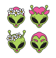 Alien girls heads. Green extraterrastrial fantasy chracters with pink hair and lips. Concept in retro style.  