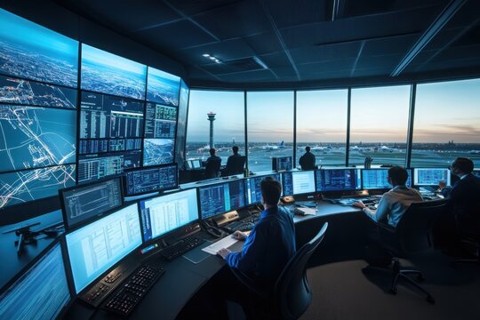 Air traffic control room with advanced monitoring