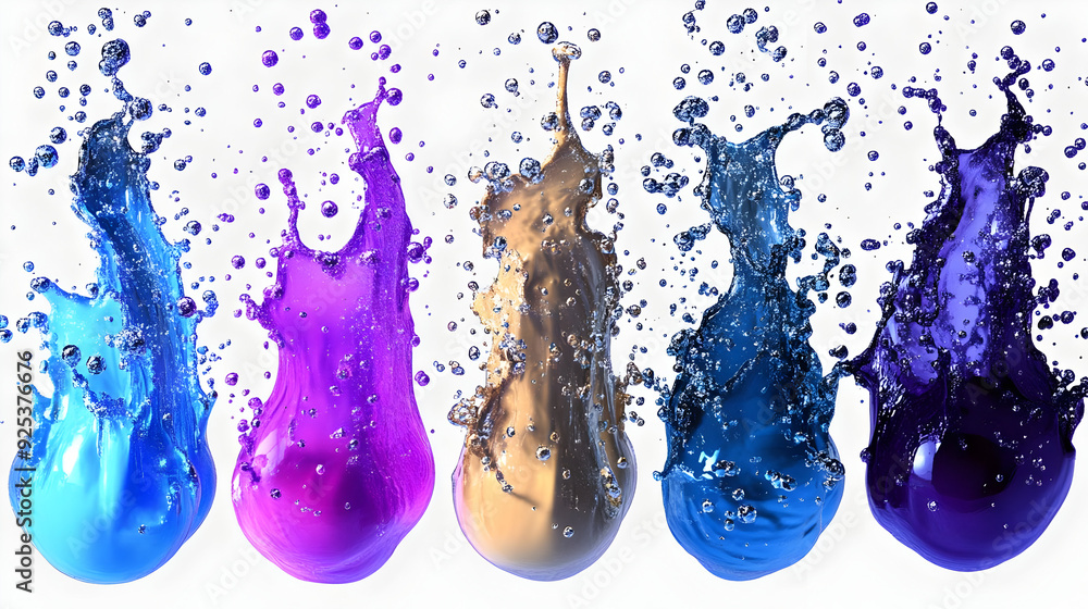 Poster a vibrant splash of colored liquids with bubbles, showcasing fluid dynamics and motion.