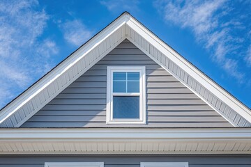 Vinyl Siding On Home. Double Gable with White Decorative Trim and Gray Horizontal Lap Siding