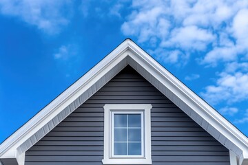 Vinyl Siding On Home. Double Gable Design with White Decorative Trim on Windows, Gray Horizontal Lap Siding