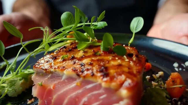 Expert master chef presenting a beautifully plated tuna steak, symbolizing culinary excellence and fine dining sophistication.