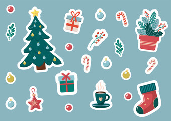 Christmas sticker set with festive tree, gifts, decorations, and cozy holiday elements in a cartoon style