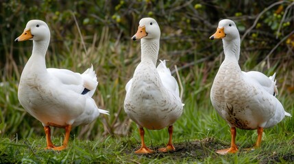 White Ducks. Three Birds with White Plumage Near Water, Farm Scene