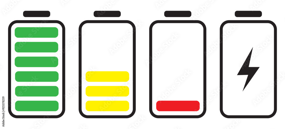 Poster set of vertical battery level indicators in percentage vector. battery indicator symbols. 0-100 perc