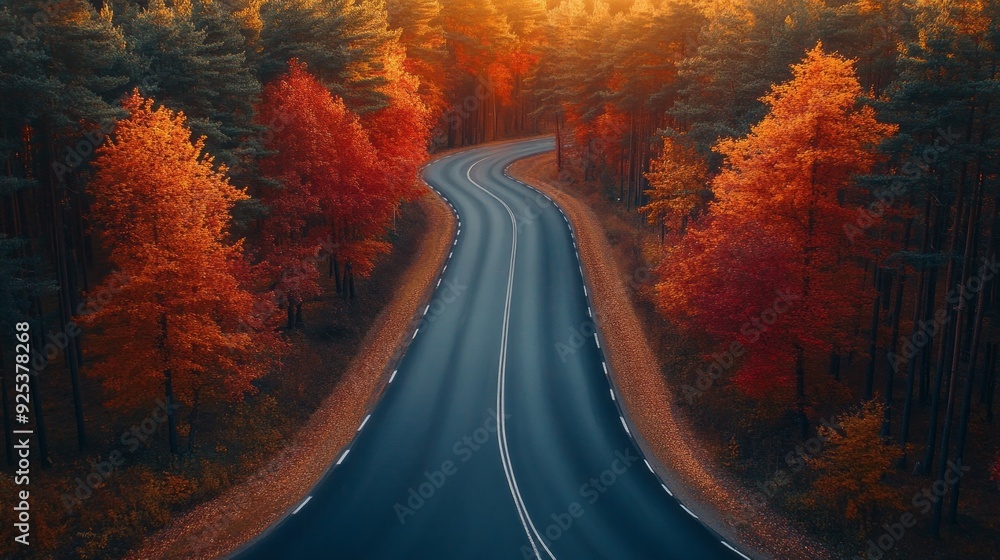 Poster a scenic route meanders through fiery autumn foliage as the sun sets, casting golden light over the 