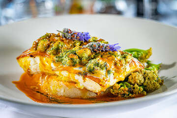 Atlantic Halibut topped with Norwegian Lobster Persillade, Genovese Basil, Tarragon, Fresh Lemon,...