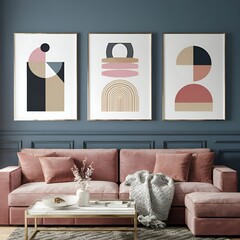 Modern design living room with sofa, paintings and furniture, poster frame on the living room wall