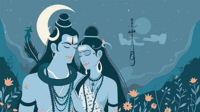 Lord Shiva Parvati Mahadev Hindu God Goddess Spiritual Divine Illustration Crescent Moon Trishul India Mythology Religious Deity Artwork Transparent Background