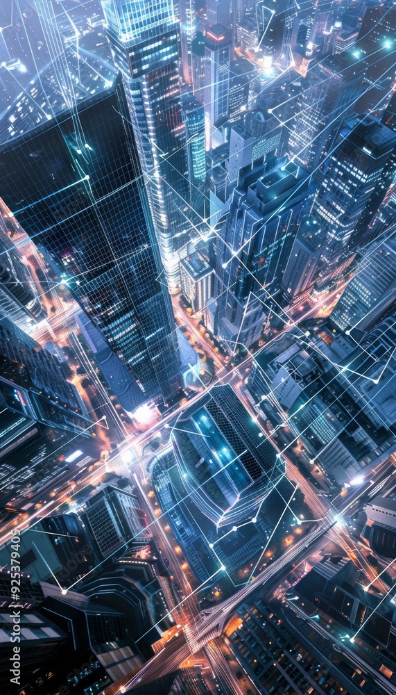 Poster futuristic urban cityscape with transparent skyscrapers and data streams showcasing advanced technol