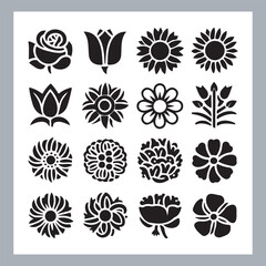 Set of logotype icons flowers Rose, Tulip, Orchid, Sunflower, Lily, Daisy, Daffodil, Jasmine, Lavender, Marigold, Peony, Chrysanthemum, Hibiscus, Poppy, Violet silhouettes in white background
