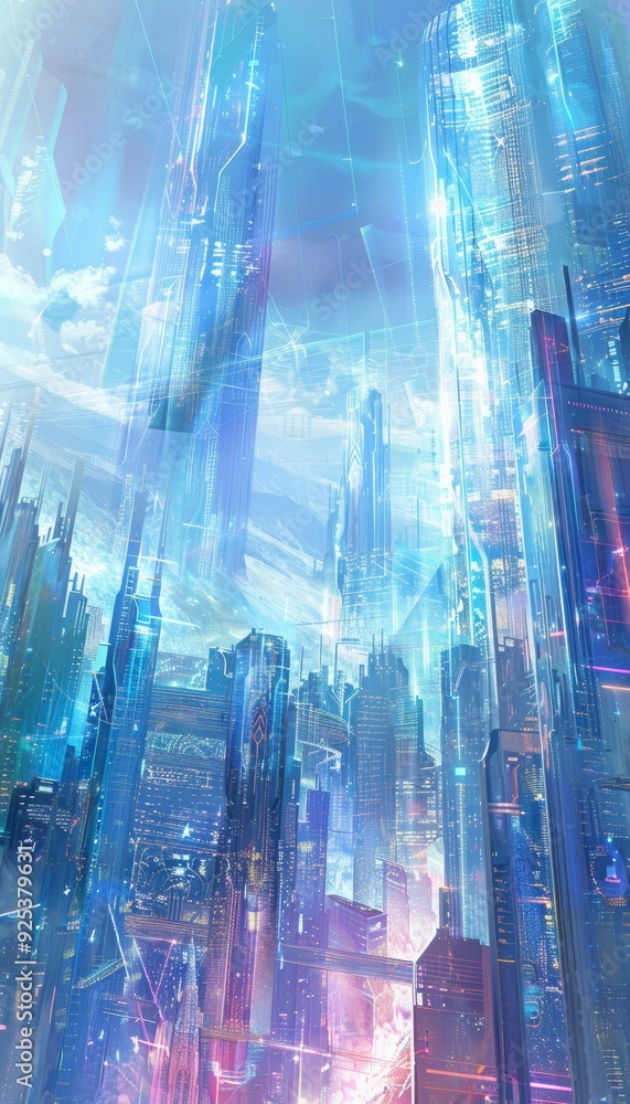 Poster futuristic cityscape with data streams representing advanced mobile network connectivity