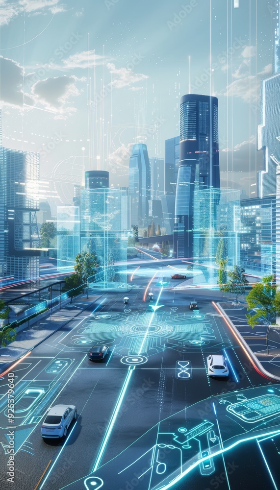 Poster futuristic cityscape with holographic displays showcasing mobile network coverage and data flow inte