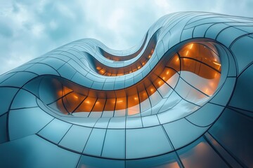 futuristic skyscraper with curved glass facade viewed from a dramatic low angle sleek lines and reflective surfaces create a sense of awe and modernity