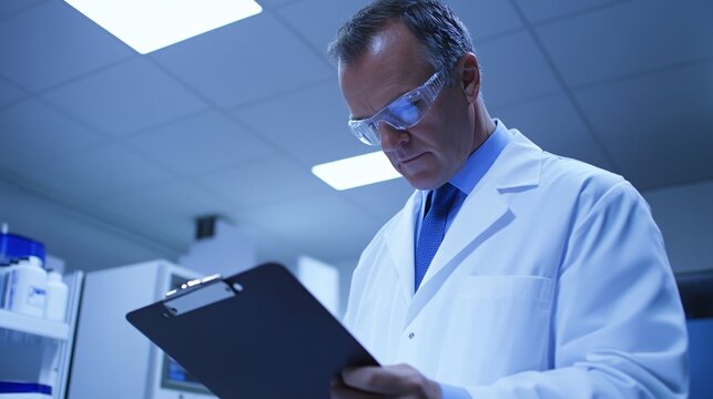 A coroner in a lab coat, reviewing a case on a clipboard, with a light background emphasizing professionalism