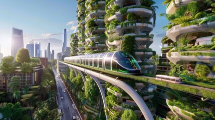 Futuristic Eco-Friendly City with Vertical Gardens and Smart Transportation Systems