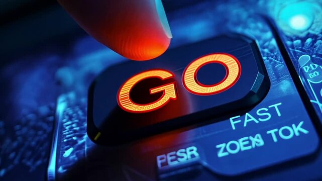 Macro close up of a finger tip tapping an orange "GO" button on a black colored electronics panel.
