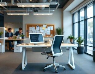 office room background with bokeh, including a minimalist white desk create with ai