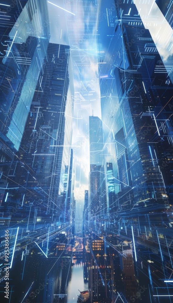 Poster futuristic urban environment with transparent skyscrapers and mobile network connectivity streams