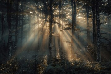 Naklejka premium A tranquil misty forest where gentle rays of sunlight pierce through the fog, creating a magical and ethereal atmosphere. The soft light highlights the lush greenery and adds a serene, almost dreamlik