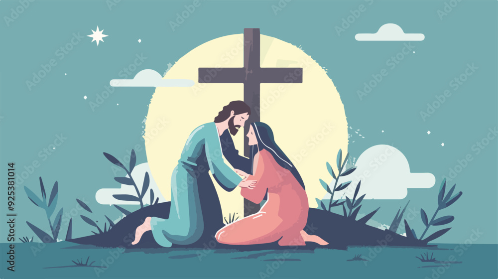 Wall mural Jesus and Mary Praying at the Cross Christian Faith Hope and Love Illustration Background Removed