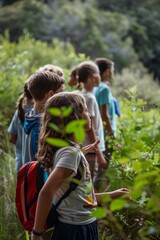 Fototapeta premium Schoolchildren Engaged in Outdoor Environmental Education Program Learning About Ecosystems and Conservation