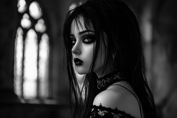 A Stunning Portrait of Dark Romance: Evoking the Essence of Gothic Elegance and Mystery in a Captivating Atmosphere
