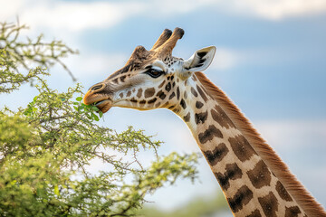 Obraz premium A Majestic Giraffe Gracefully Nibbles Tender Leaves Amidst Rich Greenery Under a Tranquil Blue Sky, Capturing Nature's Serenity Perfectly.