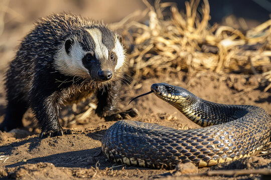 A Honey Badger Defiantly Faces a Venomous Snake in a Stunning Capture of Nature's Raw Courage and Instinctive Behavior Near Their Habitat.