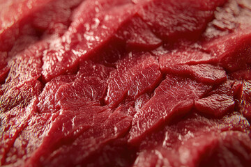A Hyper-realistic Close-up of Fresh Raw Beef, Capturing its Glossy Texture, Color, and Intricate Details for Culinary Enthusiasts.