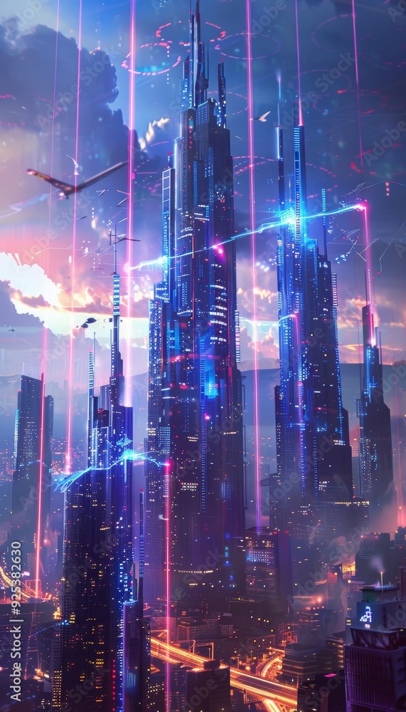Poster futuristic city skyline with holographic data streams highlighting advanced mobile network technolog