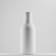A clean, minimalist mockup of a white plastic bottle with a flip-top cap. Set against a neutral gray background, this image is perfect for presenting branding or designs for shampoo, lotion, or other 