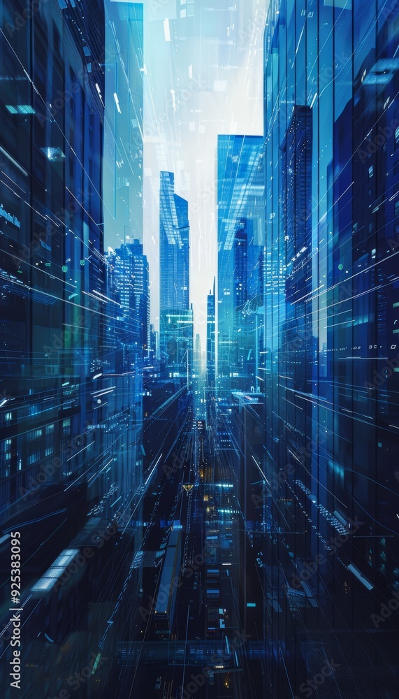 Poster futuristic urban landscape with transparent buildings and digital data streams representing mobile n